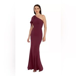 Dress The Population Georgina Gown Size Small In Burgundy One Shoulder Bow Slit